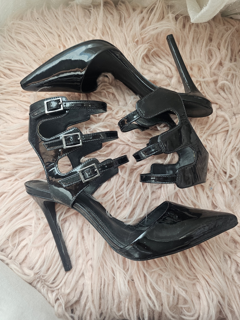 SCHUTZ Black Patent Strappy Pointed-Toe Stiletto Heels